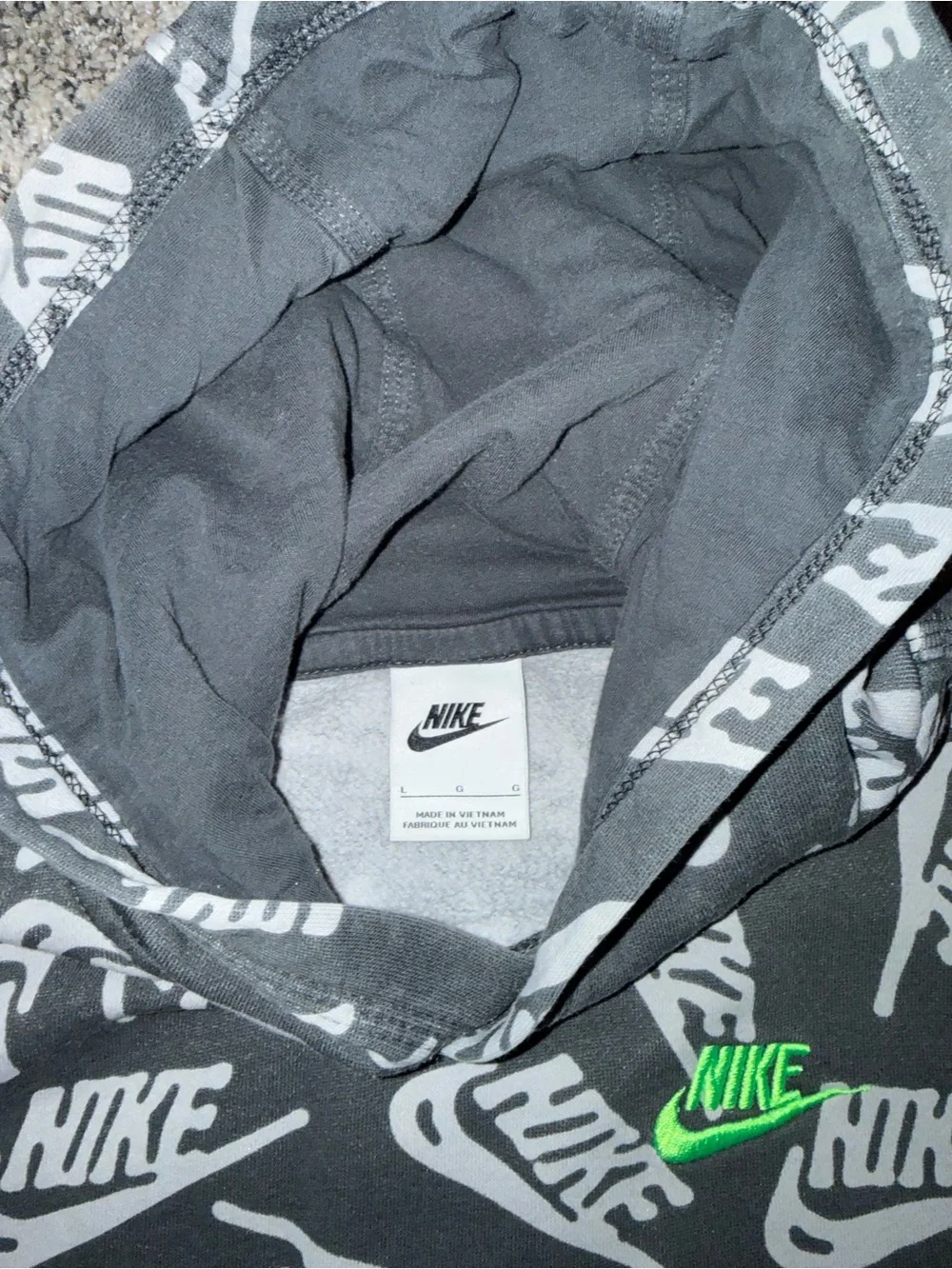 Nike Black Hoodie with White All-Over Swoosh Print and Neon Green Accent Youth L